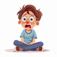 Cute boy sitting on the floor and crying. Vector cartoon illustration