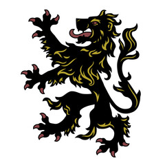 Heraldic lion illustration. Template, pattern, symbol, sign, line, icon, silhouette, tattoo, colorful. Isolated vector illustration.	