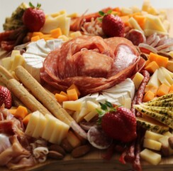 beautiful tasty cheese and meat plate garnished with strawberries close-up