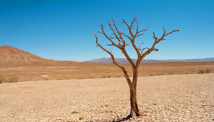 A lone, leafless tree stands in the harsh, arid expanse of a desert, starkly contrasting with the empty surroundings
