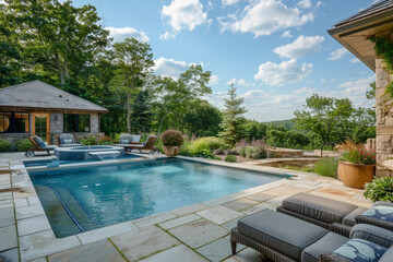 A luxury outdoor pool area with comfortable loungers, a hot tub, and a pool house. - obrazy, fototapety, plakaty