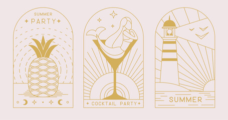 Set of modern line art summer icons with mermaid, pineapple and lighthouse. Set of summer posters. Vector illustration