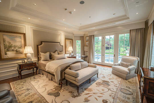 A luxury master bedroom with a king-size bed, a seating area, and a walk-in closet.