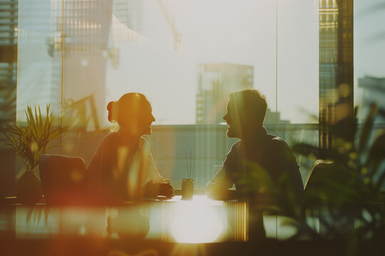 A boss and an employee in a deep conversation in a softly lit office, their smiles reflecting a positive and constructive discussion
