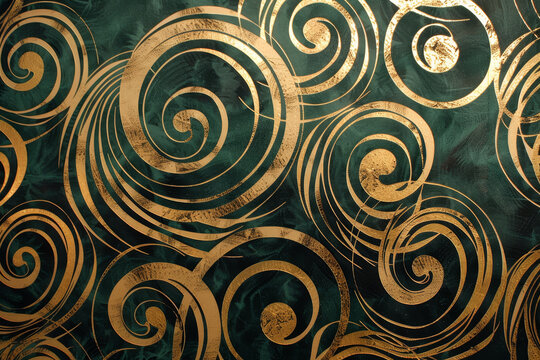 A luxury wallpaper pattern with a swirling design of emerald and gold, creating an abstract motif that is both vibrant and opulent