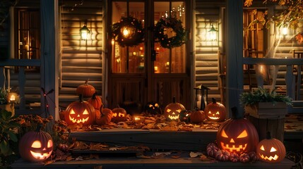 Obraz premium cozy porch adorned with flickering halloween pumpkin lanterns