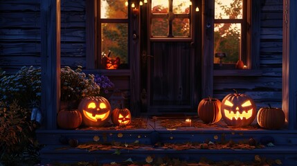 Obraz premium cozy porch adorned with flickering halloween pumpkin lanterns