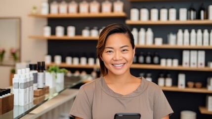 With authority, a woman in a white coat displays a drug in a store, surrounded by shelves of goods, projecting pharmaceutical expertise.