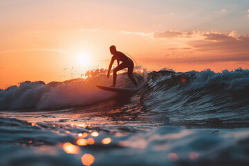 A person surfing on the ocean waves, their silhouette against the setting sun. - obrazy, fototapety, plakaty