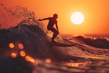 A person surfing on the ocean waves, their silhouette against the setting sun. - Powered by Adobe