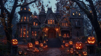 Fototapeta na wymiar cozy porch adorned with flickering halloween pumpkin lanterns