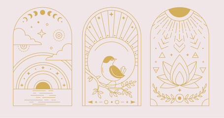 Set of Modern magic witchcraft cards with bird, sun, moon and lotus. Line art occult vector illustration - 784713154