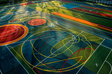 A school sports field with an abstract design, the lines on the field forming a unique pattern that symbolizes teamwork and sportsmanship