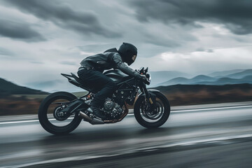 A sleek motorcycle speeding down an open road. The bike's minimalist design and nimble handling...