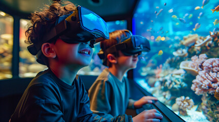 Two children wearing virtual reality headsets are amazed by a vibrant underwater world simulation