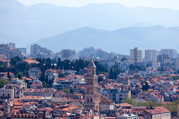 Bell tower of Saint Domnius Cathedral in Split with the Mosor mountains behind