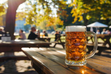 Glas Bier auf einem Holztisch in einem Biergarten