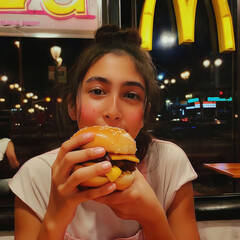 Teen girl eating a burger in a cafe close-up