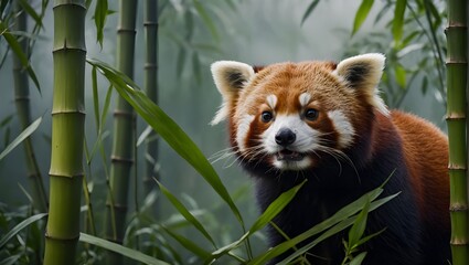 A captivating red panda, nestled in vibrant green bamboo, its expressive face stirring curiosity...