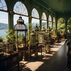 **intricate bird cages in a large room with tall windows overlooking the ocean 