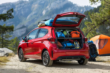 A compact hatchback loaded with camping gear. The car's versatile design and fuel efficiency make it a popular choice for outdoor enthusiasts