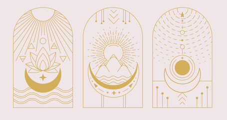 Set of Modern magic witchcraft cards with Four elements and lotus. Line art occult vector illustration