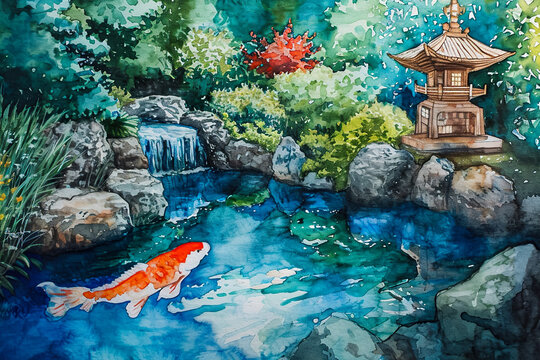 A whimsical watercolor painting of a Japanese garden, with a small pagoda and a koi pond