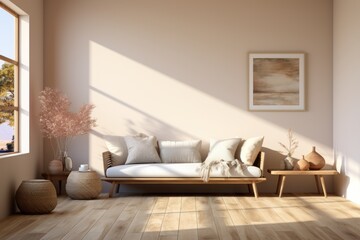 Empty minimalist bedroom interior design with background fishbone floor, generative IA