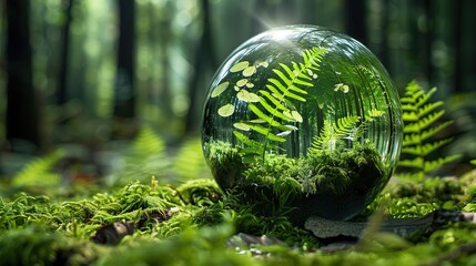 crystal-clear glass sphere adorned with verdant ferns and moss - obrazy, fototapety, plakaty