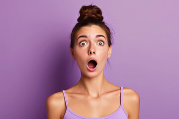 A surprised woman with raised eyebrows and a twisted mouth on a purple background