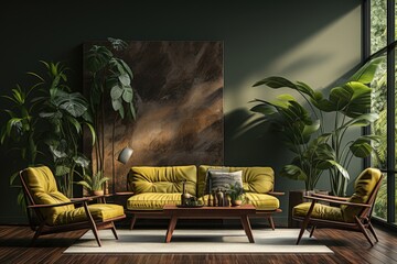 Interior Design of Modern Living Room from the mid century with Monstera Background, generative IA - obrazy, fototapety, plakaty