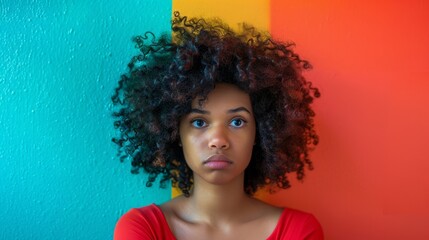 Young African American woman looking at the camera has a sarcastic expression listening to something. generative ai