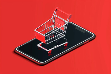 illustration of Shopping Cart on a Smartphone Screen Over Red Background, E-commerce Concept