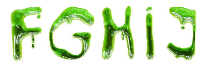 3D slime alphabet set, render Halloween green zombie drip goo text, toxic liquid spooky letters. Monster glossy texture, decorative scary radioactive gel ABC, jelly alien gum. Slime alphabet clipart