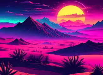 Fototapete Rund A desert at sunset with a huge sun in synthwave colors © Wieland