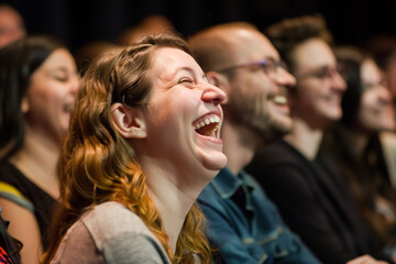 Woman in an audience laughing - obrazy, fototapety, plakaty