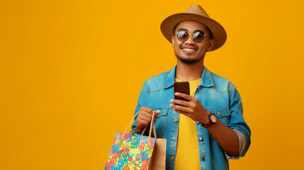 Stylish Man with Shopping Bags and Smartphone Enjoying Online Sales on Yellow Background