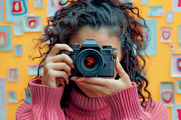 Creative Woman behind a camera taking picture Against a Colorful Abstract Background