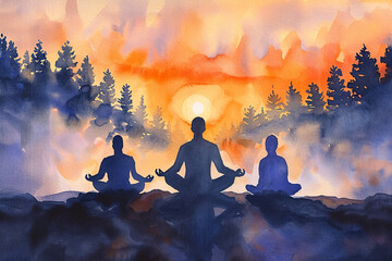 A peaceful watercolor illustration of a group of people meditating, with a beautiful sunrise in the background - obrazy, fototapety, plakaty