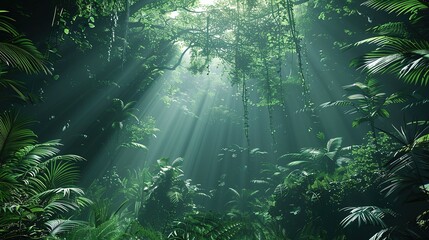 Fototapeta na wymiar dark rainforest, where sun rays dance through the towering trees