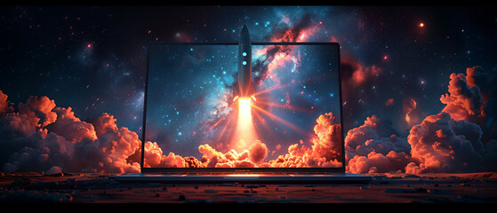 A sleek laptop screen bursts forth with a rocket, symbolizing innovation soaring beyond boundaries