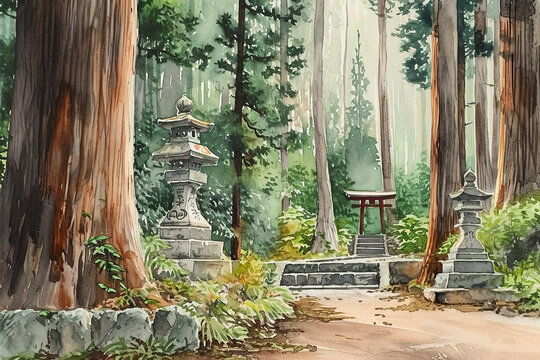 A peaceful watercolor painting of a Japanese forest, with a small shrine in the background