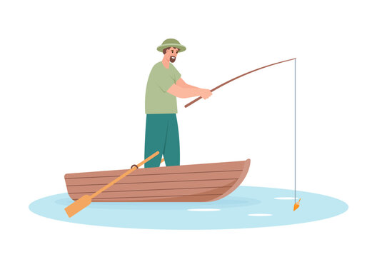 Happy fisherman with fishing rod in boat. Summer hobby concept. Vector illustrations isolated on white background.