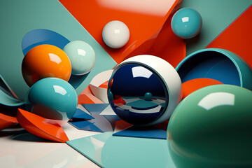 geometric abstraction with a cool color scheme. The shapes are cones and spheres