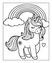 Fototapeta premium Cute unicorn with rainbow. black and white vector illustration for coloring book, Generative AI