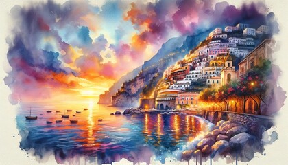 Amalfi sunset scene in Autumn with watercolor paint - obrazy, fototapety, plakaty
