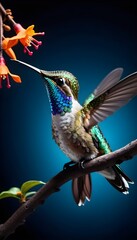 hummingbird perched on a branch, illuminated by a soft blue light in the midst of darkness