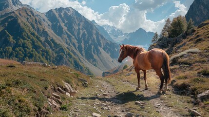 wild horse along a mountain on a sunny day. generative ai