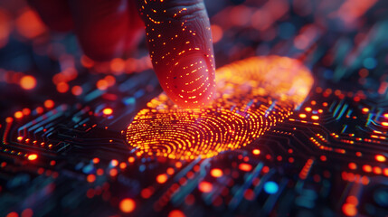 A holographic fingerprint scanner projecting a protective shield around encrypted data, highlighting advanced cyber security measures - Powered by Adobe