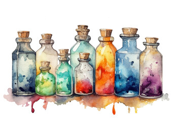 Colorful watercolor bottles with potions isolated on transparent background. Magic alchemy.